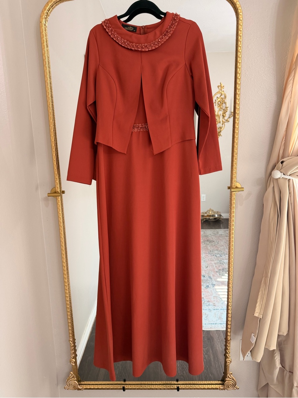 Unisa Rust Red Long Sleeve Maxi Dress with Beaded Collar